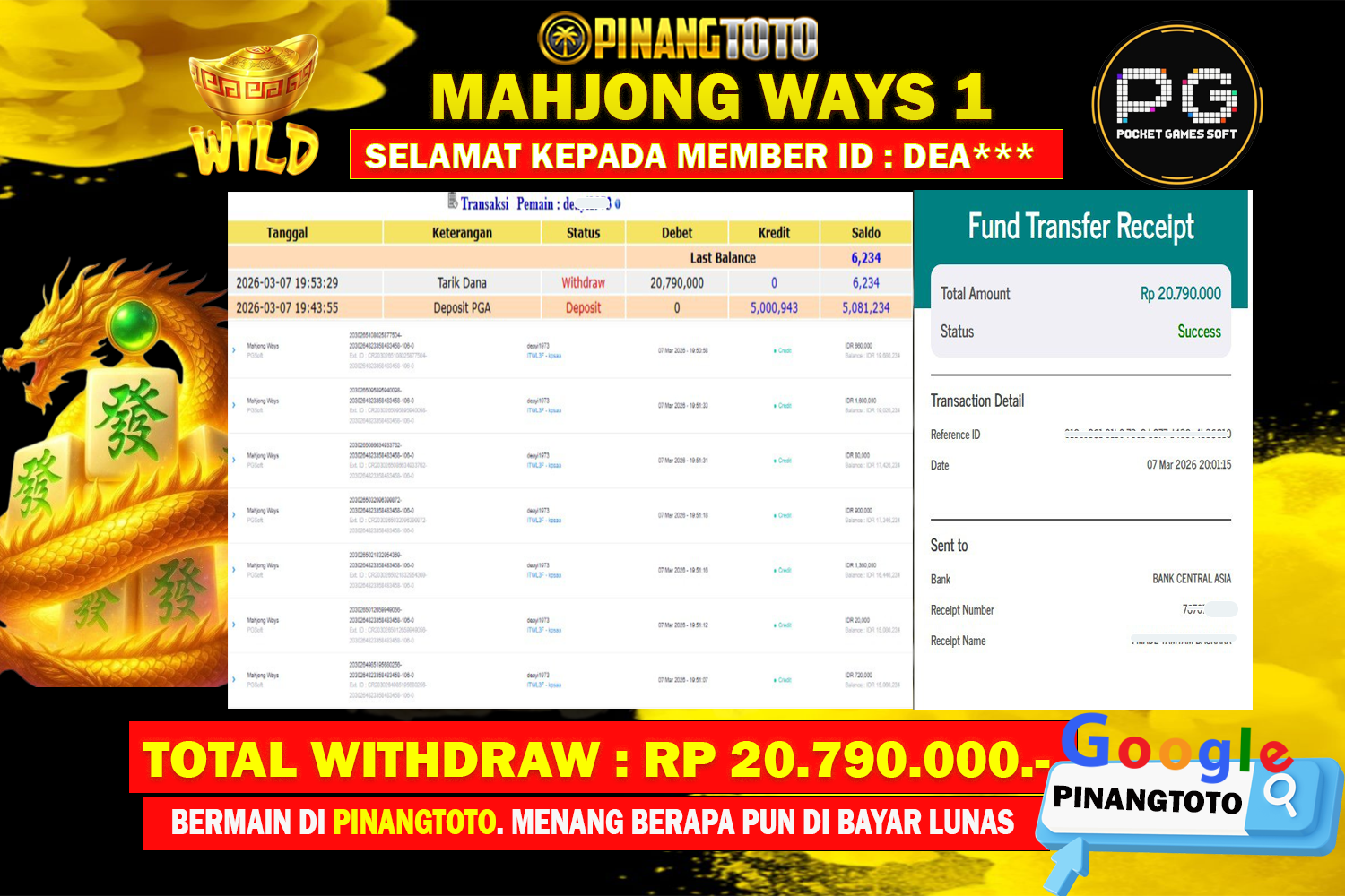 SELAMAT KEPADA PEMENANG MEMBER MERAIH JACKPOT DI GAME SLOT MAHJONG WAYS TOTAL RP 20.790.000 DI BAYAR LUNAS